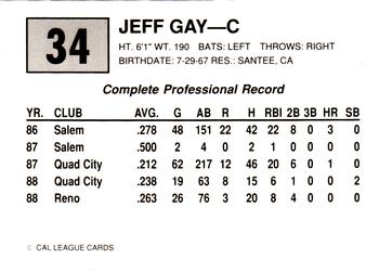 1989 Cal League #34 Jeff Gay Back