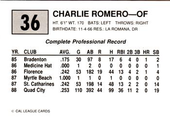 1989 Cal League #36 Charlie Romero Back