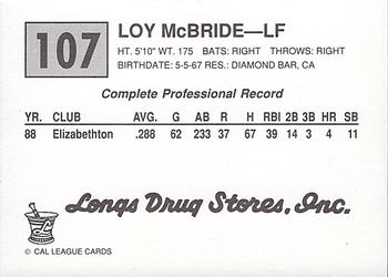 1989 Cal League #107 Loy McBride Back