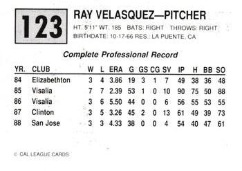 1989 Cal League #123 Ray Velasquez Back