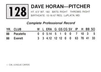 1989 Cal League #128 Dave Horan Back