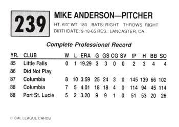 1989 Cal League #239 Mike Anderson Back