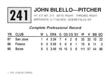 1989 Cal League #241 John Bilello Back