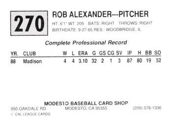 1989 Cal League #270 Rob Alexander Back