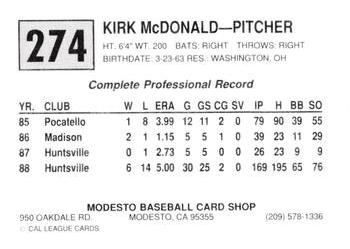 1989 Cal League #274 Kirk McDonald Back