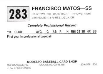 1989 Cal League #283 Francisco Matos Back