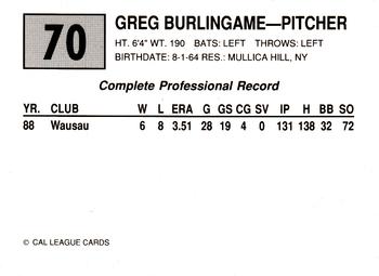 1989 Cal League #70 Greg Burlingame Back