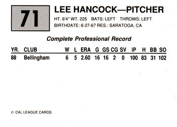 1989 Cal League #71 Lee Hancock Back