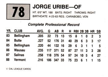 1989 Cal League #78 Jorge Uribe Back