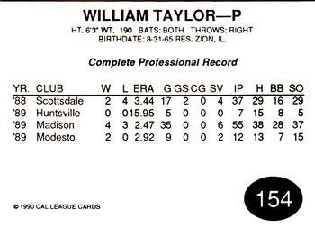 1990 Cal League #154 William Taylor Back