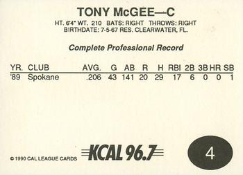 1990 Cal League #4 Tony McGee Back