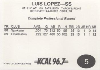 1990 Cal League #5 Luis Lopez Back