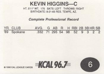 1990 Cal League #6 Kevin Higgins Back