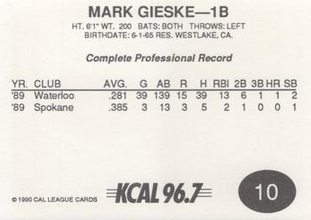 1990 Cal League #10 Mark Gieseke Back