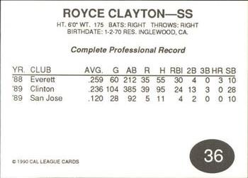 1990 Cal League #36 Royce Clayton Back