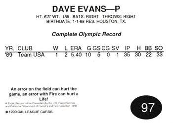 1990 Cal League #97 Dave Evans Back