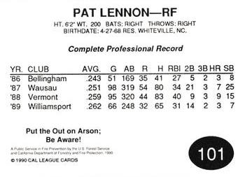 1990 Cal League #101 Pat Lennon Back