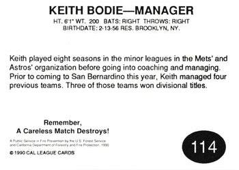 1990 Cal League #114 Keith Bodie Back