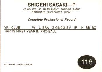 1990 Cal League #118 Shigeki Sasaki Back