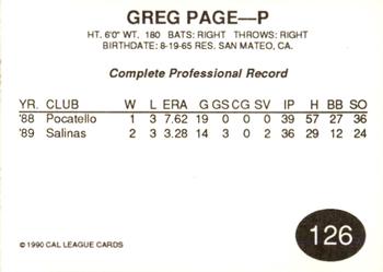 1990 Cal League #126 Greg Page Back