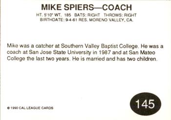 1990 Cal League #145 Mike Spiers Back