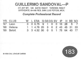 1990 Cal League #183 Guillermo Sandoval Back