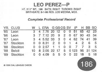 1990 Cal League #186 Leo Perez Back