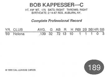 1990 Cal League #189 Bob Kappesser Back