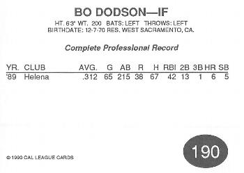 1990 Cal League #190 Bo Dodson Back
