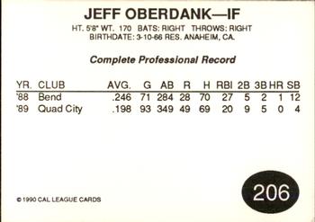 1990 Cal League #206 Jeff Oberdank Back