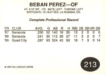 1990 Cal League #213 Beban Perez Back