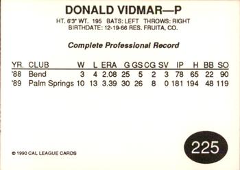 1990 Cal League #225 Donald Vidmar Back