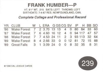 1990 Cal League #239 Frank Humber Back