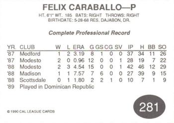 1990 Cal League #281 Felix Caraballo Back