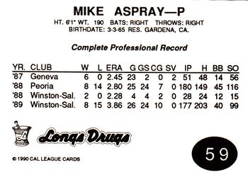 1990 Cal League #59 Mike Aspray Back