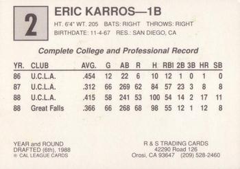 1989 Cal League All-Stars #2 Eric Karros Back