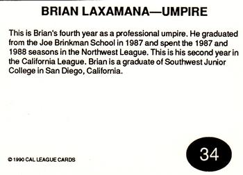 1990 Cal League All-Stars #34 Brian Laxamana Back