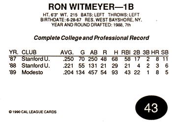 1990 Cal League All-Stars #43 Ron Witmeyer Back