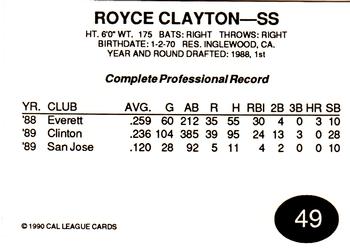 1990 Cal League All-Stars #49 Royce Clayton Back
