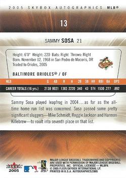 2005 SkyBox Autographics #13 Sammy Sosa Back