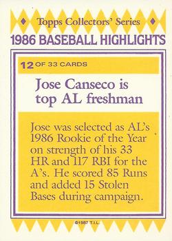 1987 Topps Woolworth Baseball Highlights #12 Jose Canseco Back