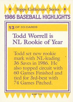 1987 Topps Woolworth Baseball Highlights #13 Todd Worrell Back