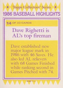 1987 Topps Woolworth Baseball Highlights #14 Dave Righetti Back