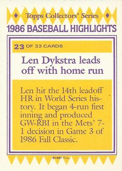 1987 Topps Woolworth Baseball Highlights #23 Lenny Dykstra Back