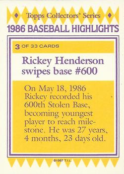 1987 Topps Woolworth Baseball Highlights #3 Rickey Henderson Back