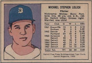 1968 Detroit Free Press Bubblegumless Detroit Tigers #NNO Mickey Lolich Back