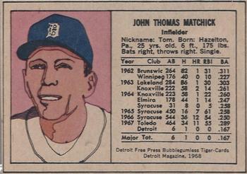 1968 Detroit Free Press Bubblegumless Detroit Tigers #NNO Tom Matchick Back