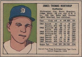 1968 Detroit Free Press Bubblegumless Detroit Tigers #NNO Jim Northrup Back