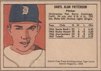 1968 Detroit Free Press Bubblegumless Detroit Tigers #NNO Daryl Patterson Back