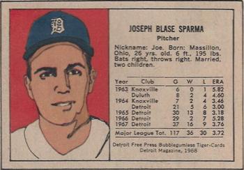 1968 Detroit Free Press Bubblegumless Detroit Tigers #NNO Joe Sparma Back